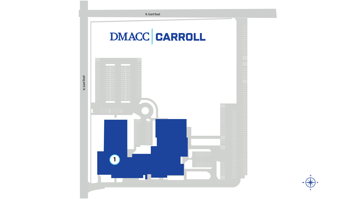 The DMACC Carroll Campus is located at 906 North Grant Road, Carroll, Iowa 51401. The map is oriented with north at the top and shows the main campus building, parking areas, internal drives and North Grant Road. The campus is near Grant Park and north of Carroll Athletic Stadium.