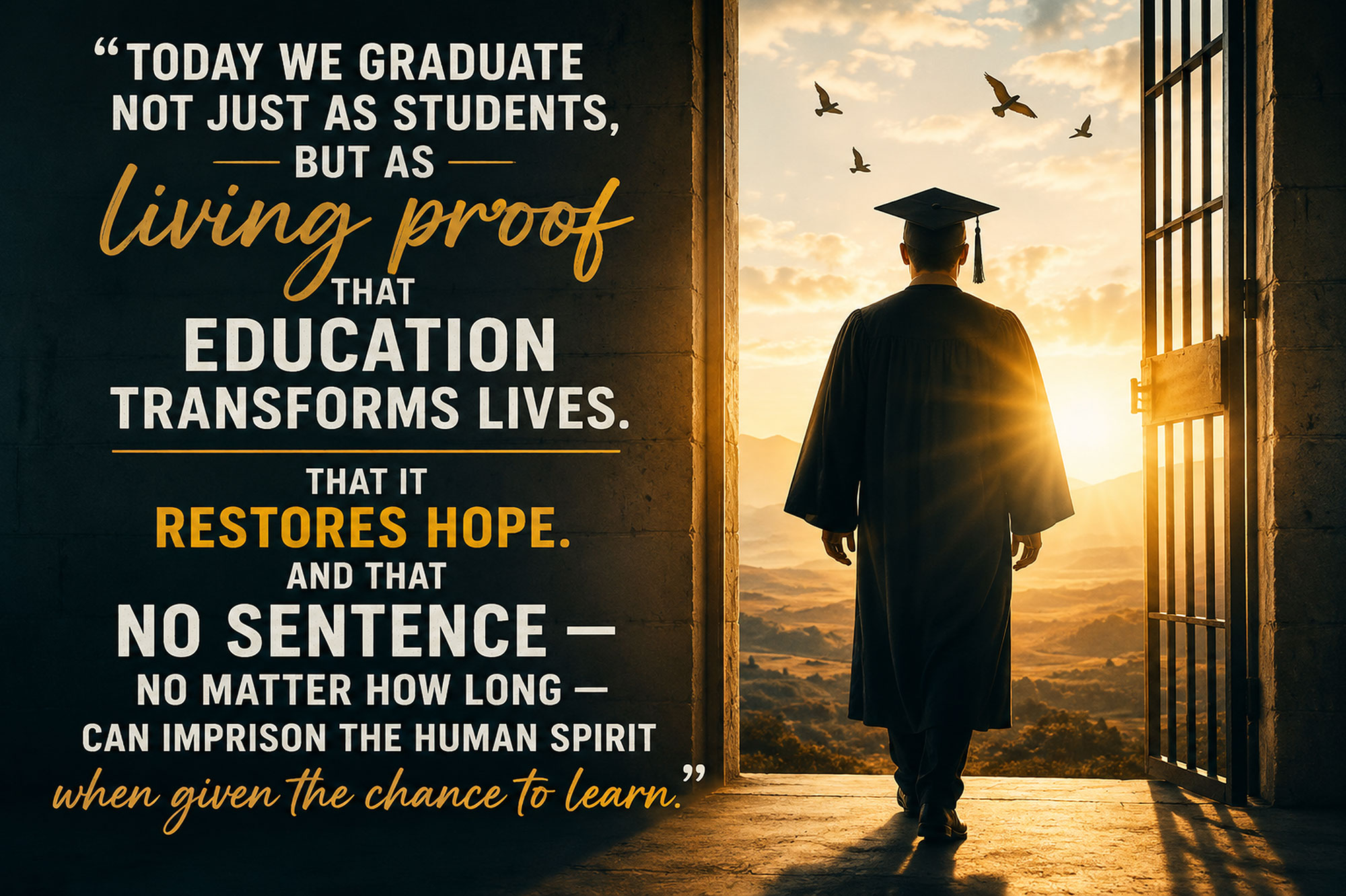 "Today as we graduate not just as students, but as living proof that education transforms lives. That is restores hope. And that no sentence - no matter how long - can imprison the human spirit when given the chance to learn."