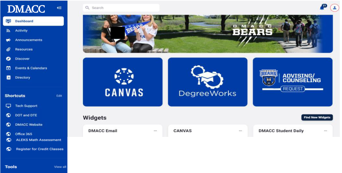 The myDMACC dashboard showing the left navigation, tiles and widgets.