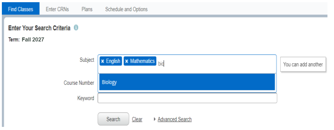 To enter course criteria, start typing the subject or the course number and click Search