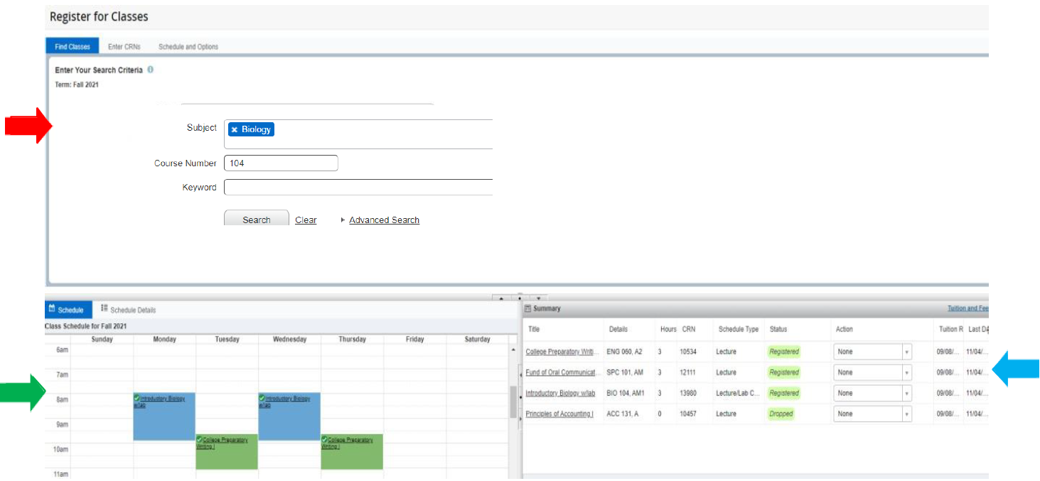 To Search and Register for Classes use the Search Results panel.